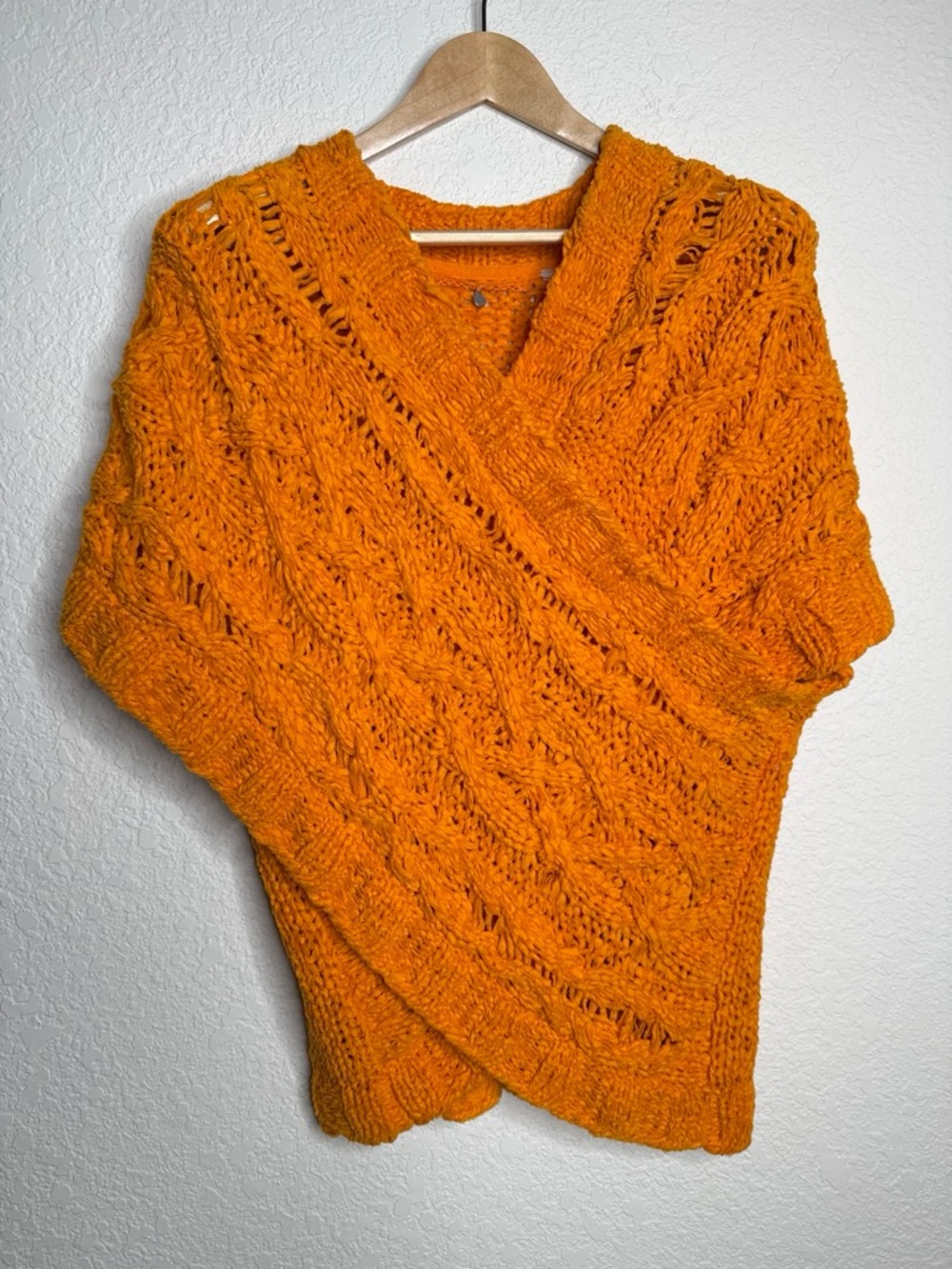 Anthropologie Knitted & Knotted Orange Open Cable Knit Crossover Sweater Size L
